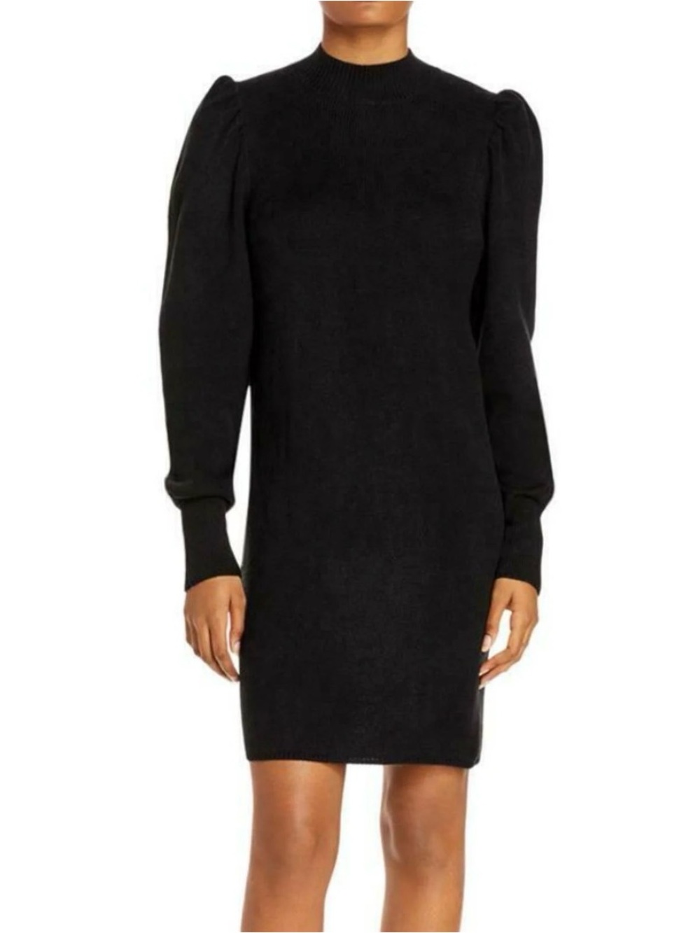 Wayf NEW Black Puff-Long Sleeve Ribbed Crew Neck Sweater Dress Medium